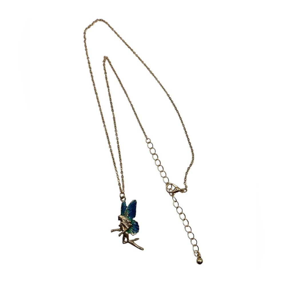Gold modern blue and green fairy necklace ! Ethereal necklace